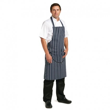 Whites halterschort blauw-wit gestreept met zak