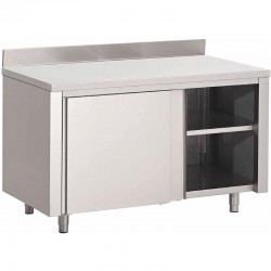 Gastro M RVS werktafel met schuifdeuren en achteropstand 85x150x70cm