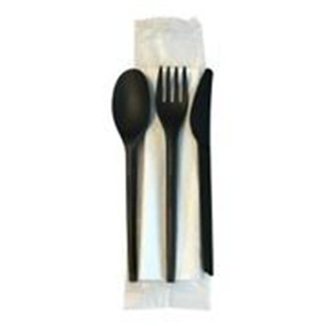 CPLA bestekset zwart mes/vork/lepel/servet 2-ply