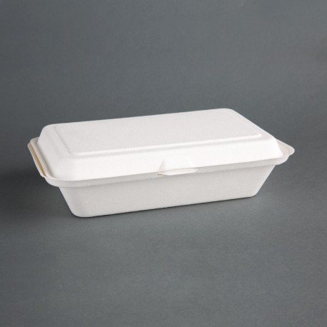 Composteerbare bagasse voedseldozen 24,8cm wit met deksel (250 stuks)