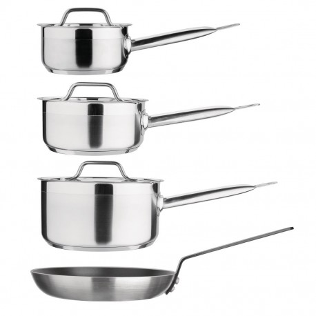 Nisbets Essentials Cook Like A Pro 4-Delige Steelpan- En Koekenpannenset – RVS & Aluminium, Zilver