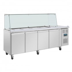 Polar U-serie vierdeurs saladette met vierkant kuchscherm - RVS werkbank Zilver