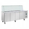 Polar U-serie vierdeurs saladette met vierkant kuchscherm - RVS werkbank Zilver