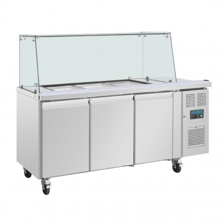 Polar U-serie Driedeurs Saladette met Vierkant Kuchscherm – RVS Koelwerkbank