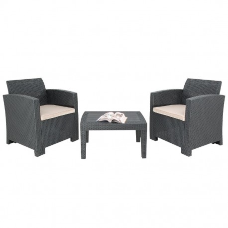 Bolero PP Fauteuil en Tafel Rieten Set Grijs – Kunststof Stoelen